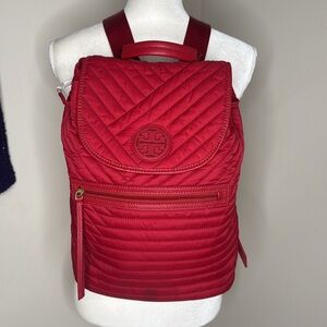 Tory Burch Ella Red Quilted Nylon Backpack Zip Front Preppy Old Money Acadamia